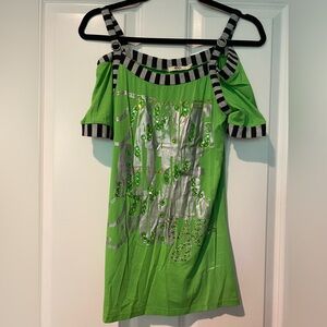 HENDI vintage green silver open shoulder teen girls top Sz L. Runs smaller